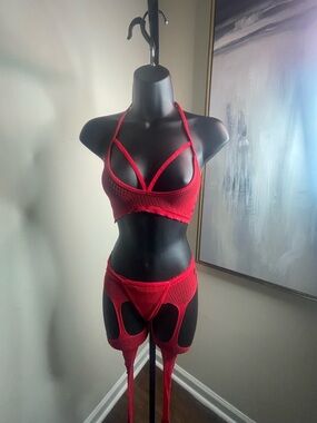 Red Mesh Strappy Lingerie Set with Garter